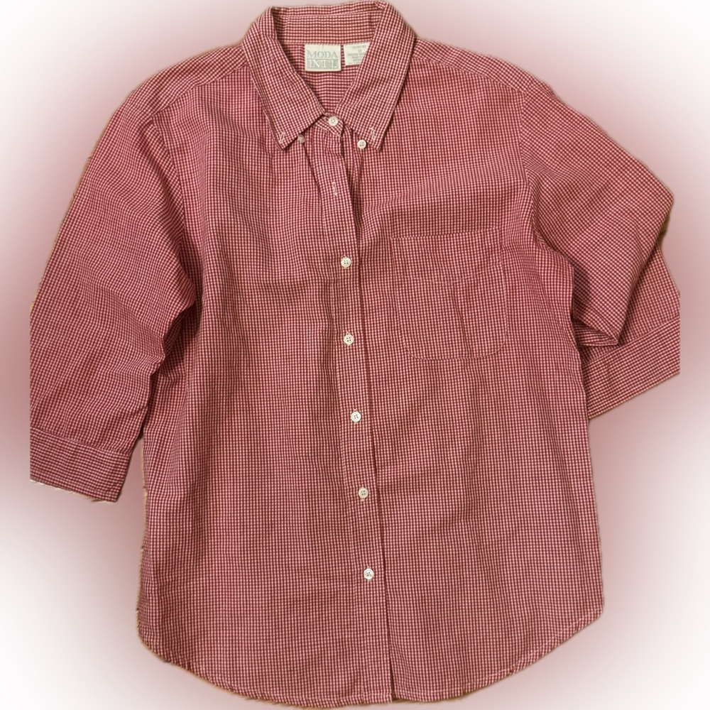 Moda International Vintage Gingham Button Down 3/4 Sleeve
